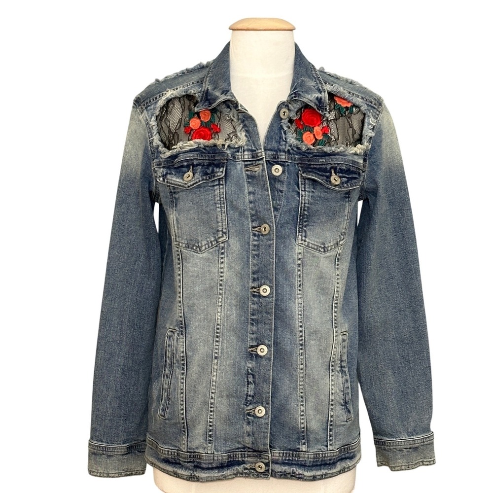 VTG 90s Y2K Womens Jacket M Denim Embroidered Floral Lace Mesh Grunge Festival